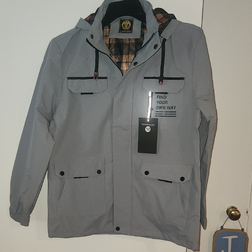 Gray Waterproof Hooded Raincoat with Full-Length Zipper